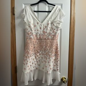 White Dress with Pink and Silver Floral Embroidery